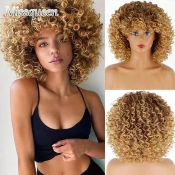 MISSQUEEN Короткий светлый вьющийся парик Блондинка Афро вьющиеся парики Синтетический парик для модных женщин Термостойкий парик из волокна(цвет:Блондинка) 14inches