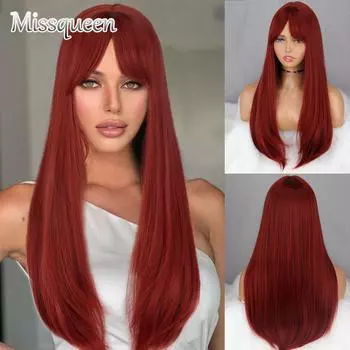 MISSQUEEN красный парик, длинный прямой, средней части, длинная косая челка, женский парик из искусственного волокна внутрь для повседневного ношения