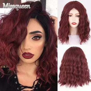 MISSQUEEN Лолита Короткие винно-красные синие темно-розовые волнистые парики для черно-белых женщин Косплей Натуральное волокно Искусственные волосы Термостойкие волнистые парики CN