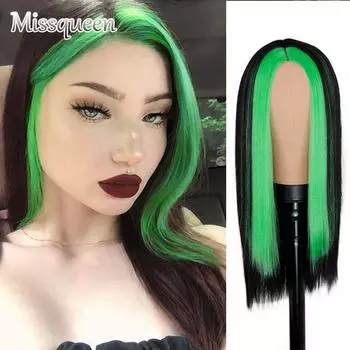 MISSQUEEN модный длинный черный прямой парик из натуральных волос с мелированием зеленых волос синтетический парик для девочек с париком для косплея