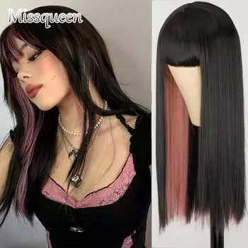 MISSQUEEN розовый и черный парик, два слоя париков, длинные прямые волосы, парик для косплея, двухцветный цвет омбре, женские парики из синтетических волос, парик Лолиты 24inches