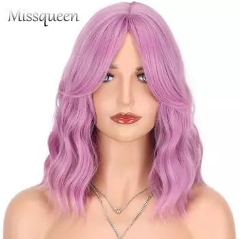 MISSQUEEN Синтетические парики средней длины с волнистыми волосами с челкой Средняя часть челки Розовый Фиолетовый Боб Ежедневные парики для волос для женщин Термостойкое волокно 35CM