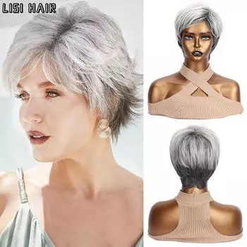 MISSQUEEN Синтетические смешанные серо-черные парики Короткие прямые натуральные парики Термостойкий парик для женщин 25cm