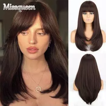 MISSQUEEN Женская мода темно-коричневый многослойный длинный натуральный прямой парик с челкой из синтетического волокна повседневная одежда длинный прямой парик 2