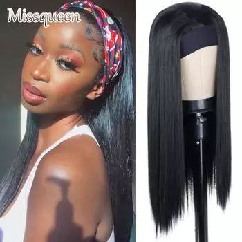 MISSQUEEN женский длинный прямой черный парик с повязкой на голову из синтетического волокна, натуральный черный прямой парик, афро, косплей, повседневная одежда