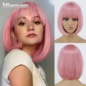 MISSQUEEN женский короткий прямой парик для косплея с челкой, розовый парик до плеч, розовый, синий, зеленый, Хэллоуин, Рождество, парик