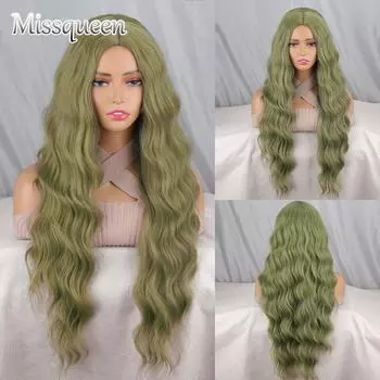 MISSQUEEN женский модный длинный волнистый зеленый парик без челки из синтетического волокна, натуральный длинный волнистый повседневный парик для косплея