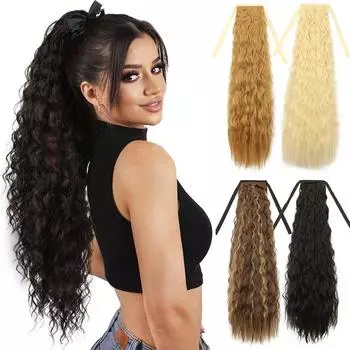 MISSQUEENSynthetic Corn Wave Double Strap Ponytail Extension Wrap Around Long Curly Wavy Black Ponytails Hairpiece For Women Wear 55cm