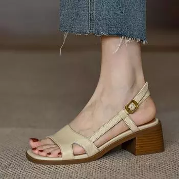 Мистер. M, босоножки на среднем каблуке женские летние 2025 новые французские задники пустая ниша толстый каблук открытый носок женские туфли 40 абрикосовый