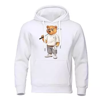 Мистер. Медведь с клюшкой для гольфа в уличной одежде Мужские уличные толстовки с капюшоном Теплая толстовка с круглым вырезом с капюшоном Пуловер с круглым вырезом Уличная одежда для мужчин S