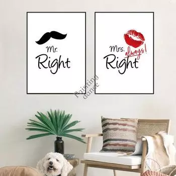 Мистер прав, миссис всегда права, постеры, настенный художественный принт, усы, красные губы, холст, картина, настенные панно для гостиной, домашний декор 21X30cm No Frame