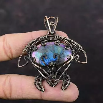 Мистический огонь, лабрадорит, драгоценный камень, кулон из медной проволоки, кулон из медной проволоки, медные украшения ручной работы, кулон в виде черепахи, проволочная обмотка, ювелирный подарок для него