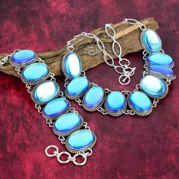 Мистический опал, драгоценный камень, браслет и ожерелье ручной работы, комплект ювелирных изделий, стерлинговое серебро 925 пробы, регулируемая цепочка, изящные украшения для свадебного подарка Adjustable With 8 -18 белый