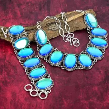 Мистический опал, драгоценный камень, комплект ювелирных изделий из стерлингового серебра 925 пробы, ожерелье и браслет ручной работы, комплект ювелирных изделий для женщин Adjustable With 8 -18 белый