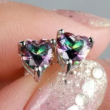 Мистический серебряный цвет Радужный топаз Серьги-гвоздики в форме сердца Свадебные украшения для женщин разноцветный