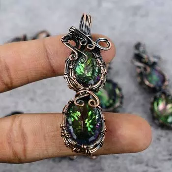 Мистический топаз Драгоценный камень Чистая медная проволока Обертка Ювелирная подвеска ручной работы 2.56 inches зелёный