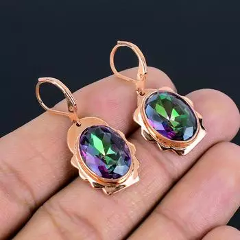 Мистический топаз, драгоценный камень, медные украшения ручной работы, подарок на день Святого Валентина, серьги для любви 1.42 Inches синий