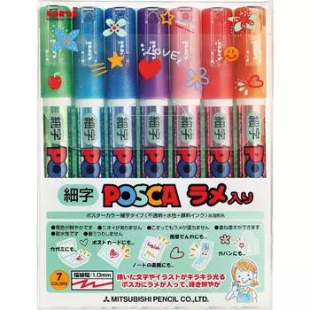 Mitsubishi Pencil Pen Posca Glitter Fine Point Round Core 7 Colors PC3ML7C Water-based
