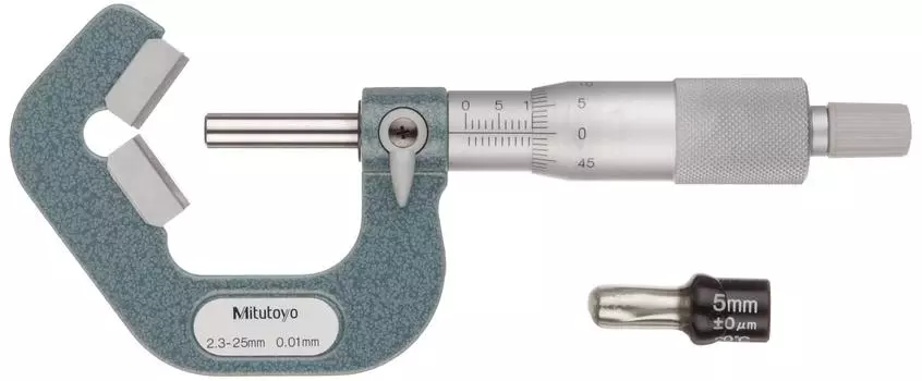 Mitutoyo micrometer with anvil and spindle measurement surface cemented carbide tip V-groove VM5-25W