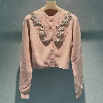 Miu Pink Hand-Studded Diamond Flower Wool Cardigan S
