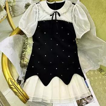 Miu Style Sweet Puff Sleeve A-Line Dress with Beaded Doll Collar - Summer Short Spliced Design Small чёрный