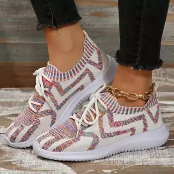 Mix Color Knitted Flats Shoes Women Breathable Lace Up Walking Shoes Woman 2024 Autumn Casual Soft Sole Vulcanize Shoes 36 белый