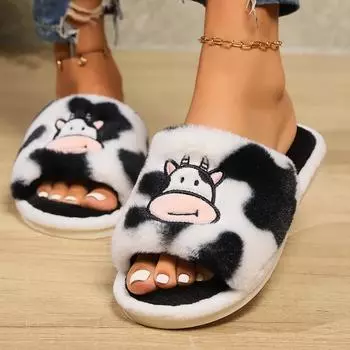 Mix Color Warm Fluffy Slippers Women Winter Open Toe Plush House Slippers Woman Cute Cartoon Cow Soft Heel Cotton Slides Shoes 36-37 белый