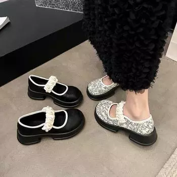 Mixed Color Chunky Platform Mary Jane Shoes for Women 2024 Autumn New Patent Leather Pumps Woman Thick Bottom Pearl Lolita Shoes 35 чёрный