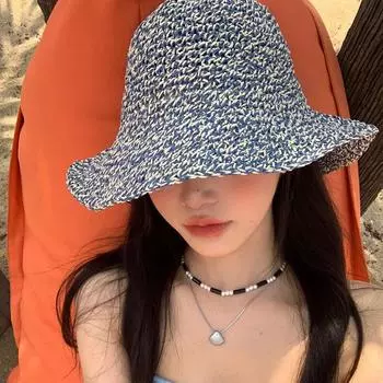 Смешанная цветная соломенная шляпа ручной работы из травы для женщин, летняя пляжная складная шляпа-ведро с защитой от солнца, шляпа рыбака M56-58cm хаки