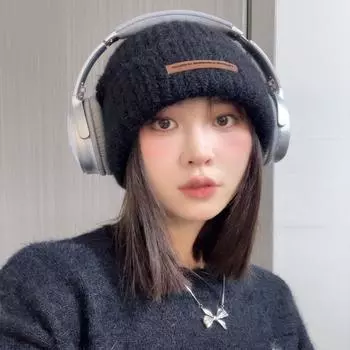 Mixed-thread texture wool knitted hat, small leather label letter wool hat, women s autumn and winter big head circumference hat, cold hat tide M56-58cm