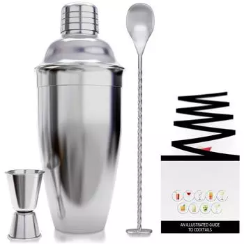 Миксер для коктейлей из нержавеющей стали, набор из 4 предметов, рецепт коктейля, набор инструментов для смешивания коктейлей в баре серебряный