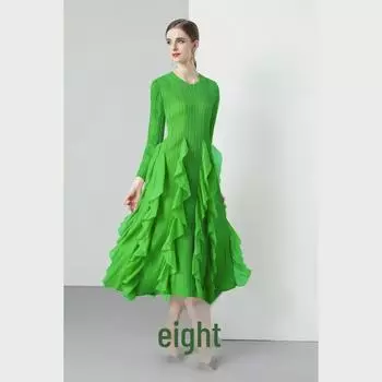 Miyake 2024 Pleated Ruffle Dress: Round Neck, Long & Short Sleeves, High Waist, Slim Fit, Elegant Design One Size