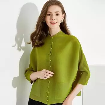 Miyake 2025 Весна Женский однотонный кардиган на пуговицах с длинными рукавами