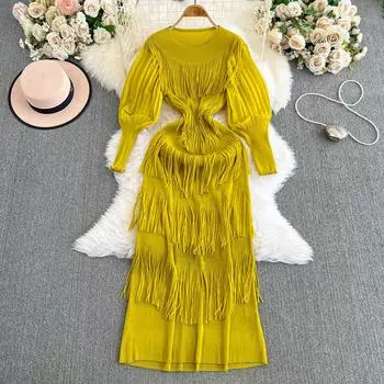 Miyake Многослойное плиссированное платье с бахромой Весна и лето Рукава три четверти Модное и стройнящее, Драпировка Круглый вырез Тортовое платье One size жёлтый