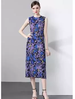 Miyake Новое модное платье с цветочным принтом и складками для женщин, повседневное платье без рукавов в стиле оверсайз, длинное платье S