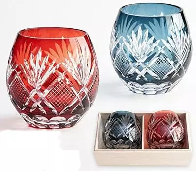 Miyoshi Lacquerware Honpo Kiriko Glass Sake Pair Set Free Glass Red Blue Paulownia Box Gift Present Dishwasher Safe Ochoco Sake Cup