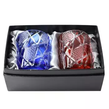 Miyoshi Lacquerware Honpo Kiriko Glass Sake Pair Set Rocks Glass Old Glass Red Blue 210cc Gift Box Present Dishwasher Safe Ochoco Sake Cup