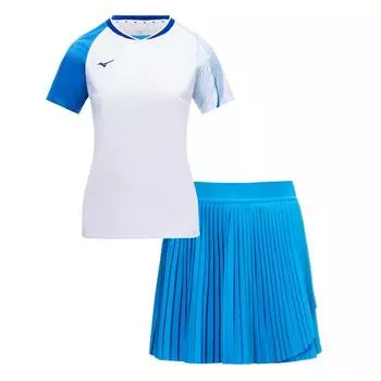 Mizuno Цветной блок с принтом логотипа в полоску, быстросохнущий, дышащий, удобный, с коротким рукавом, повседневный комплект с юбкой, женские комплекты, синий, белый 72CG45P101 XL