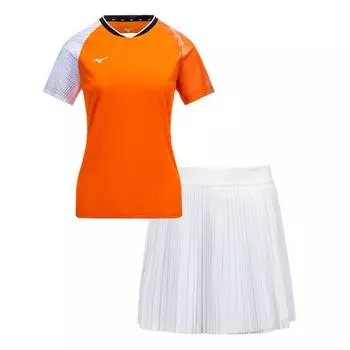 Mizuno Круглый вырез с принтом короткий рукав футболка однотонный цвет плиссированная юбка комплект женские комплекты оранжевый белый 72CG45P151 S
