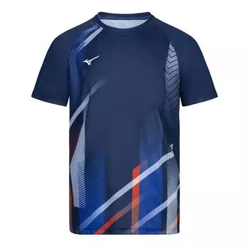 Mizuno Letter Geometric Pattern Casual Round Neck Pullover Short Sleeve Badminton Shirt Unisex shirts Dark-Blue 72CA36Z128 XS