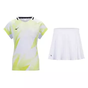 Mizuno Solid Color Gradient Sports Casual V-Neck Short Sleeve Dress Set Women Dress Set Yellow White 72CG42Z2 2XL