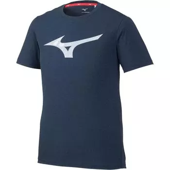 [Mizuno] Тренировочная одежда, футболка с рисунком, БОЛЬШОЙ логотип, впитывает пот, быстросохнущая, связана с моделью, которую носят спортсмены, 32MA0514, темно-синий, меланжевый, S
