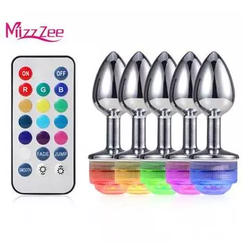 Mizz Zee Металлическая бусина Дистанционная анальная пробка Расширитель Изменение цвета управления Светодиодная подсветка