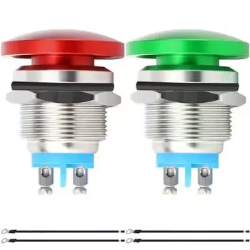 MKBKLLJY 2Pcs 22mm Mushroom Head Push Button Switch for Car Boat with Terminal Wire Red/Green IP65 Waterproof DC 12V 3A AC 110V 5A SPST