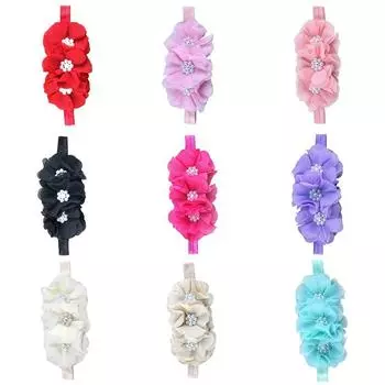 Младенческая однотонная шифоновая повязка на голову с жемчужным цветком 3