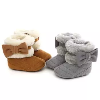 Младенческие замшевые зимние сапоги, обувь для маленьких мальчиков и девочек, мягкая подошва, милые флисовые сапоги для первых ходунков с бантом, флисовые сапоги для новорожденных с плюшевой подкладкой 3/M