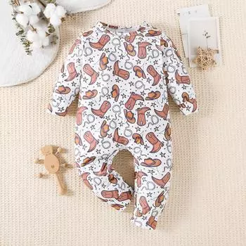 Младенцы Детские ковбойские сапоги с рисунком по всей поверхности комбинезон с длинными рукавами 3-6M