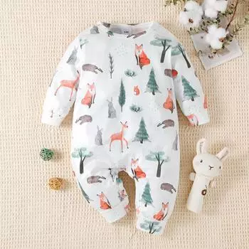 Младенцы Детский комбинезон с длинными рукавами и принтом лесных животных по всей поверхности 1-3M