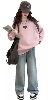 Младшие девочки с длинным рукавом дети джинсовый длинный топ и низ начальная школа младшие классы средней школы милый корейский осенний милый корейский топ и низ дети розовый