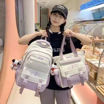 Младшие школьники, большая вместительная школьная сумка, женский рюкзак с цветными блоками, сумка через плечо с буквенным принтом Shoulder Bag чёрный